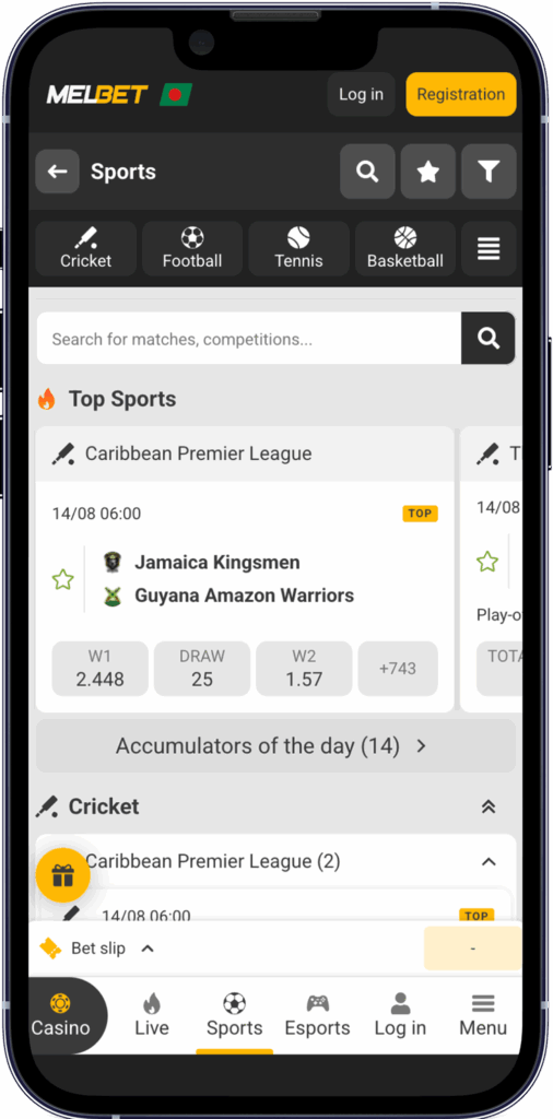 Screenshot of the Melbet Bangladesh mobile app homepage