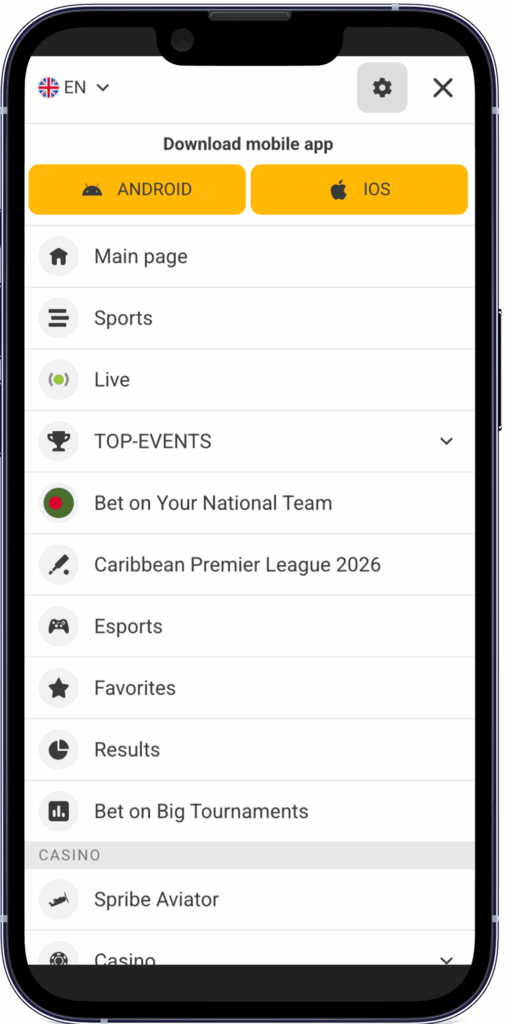 Screenshot of the Melbet Bangladesh mobile app menu