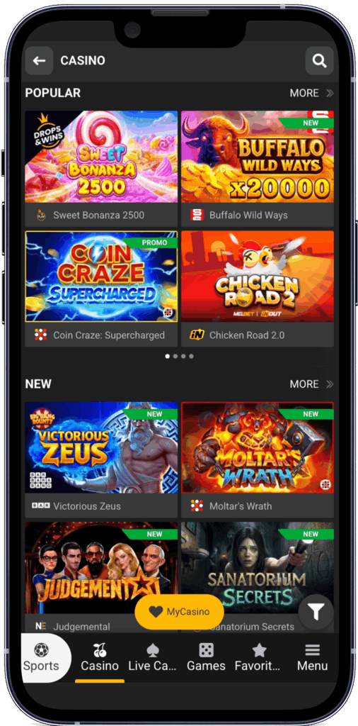 Screenshot of the casino games page in the Melbet Bangladesh mobile app